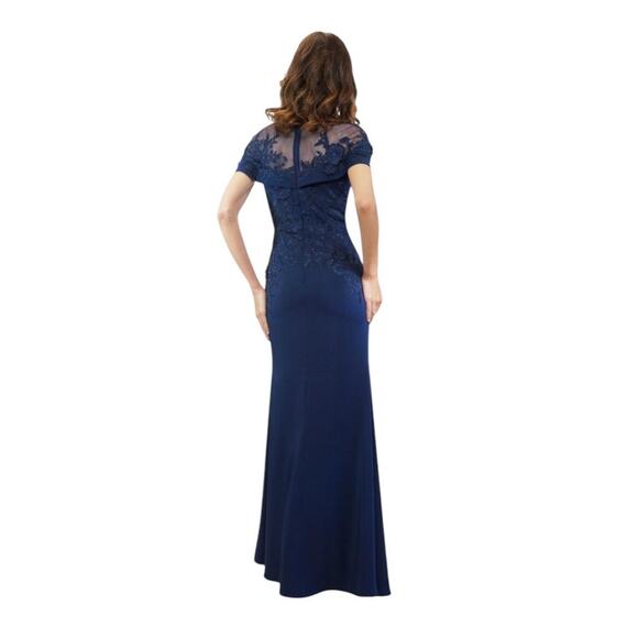 CARLA RUIZ Blue Mesh Floral Applique V neck Short Sleeve‎ Long Dress-Size 14 - Picture 7 of 12